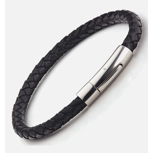 NEW‎ Black Leather Stainless Steel Bracelet, 8.25”